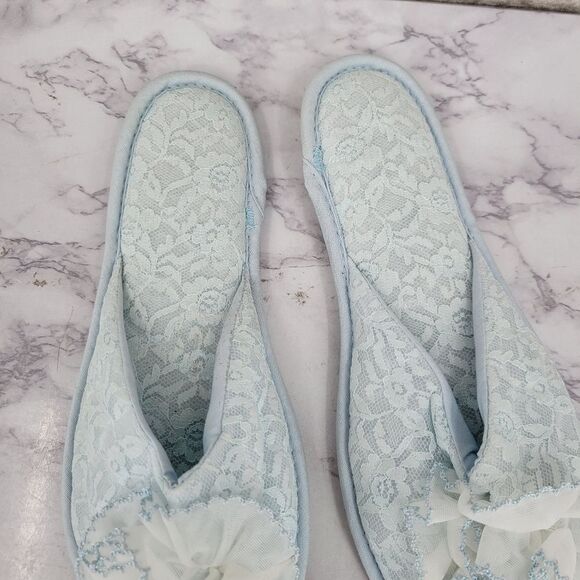 Angel Treads Vintage Blue Lace Women's House Slippers 60s Peep Toe - Picture 5 of 10